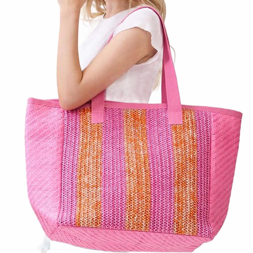 NEW 3AM BY H&D ACCESSORIES women's nautical stripe paper straw tote bag in pink